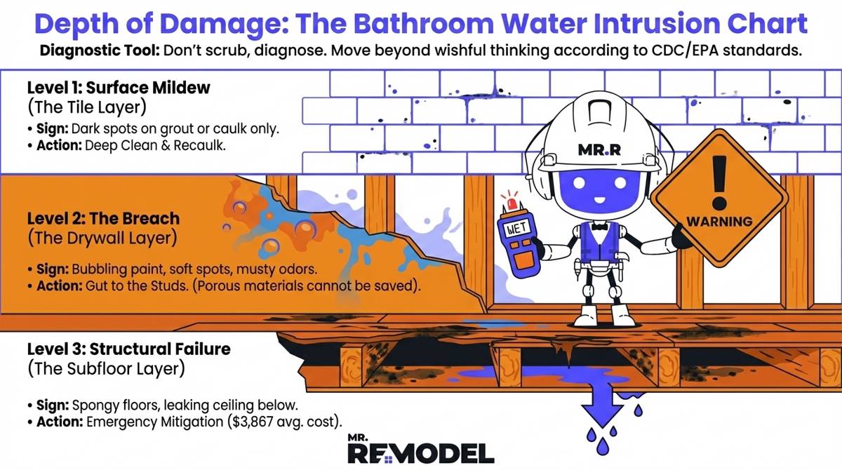 A bathroom mold diagnostic matrix showing the three levels of moisture damage and highlighting that porous materials like drywall must be gutted once mold penetrates the surface.